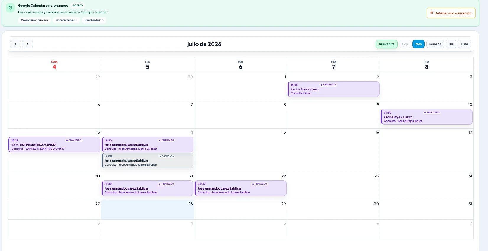 Agenda mensual de SAMVITALS con sincronización activa hacia Google Calendar