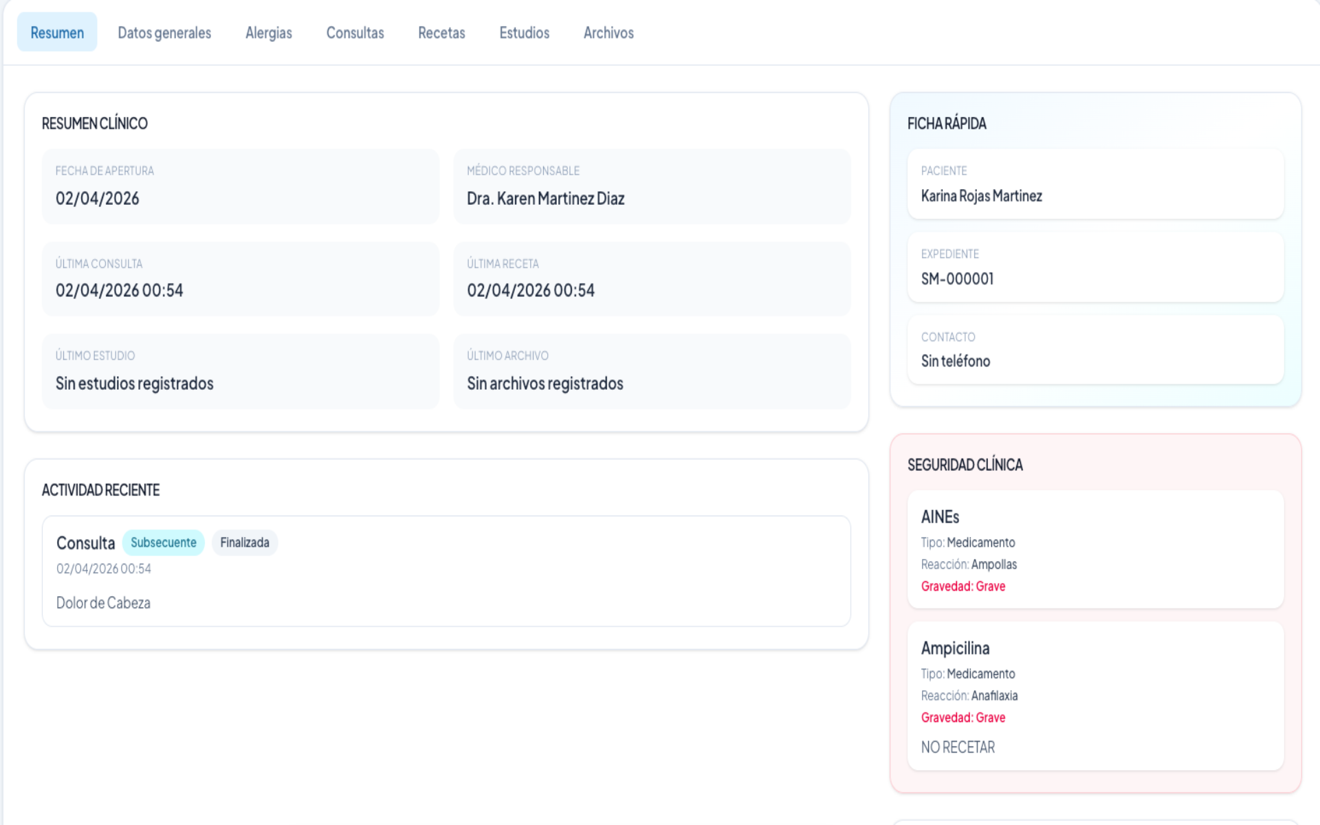 Expediente clínico en SAMVITALS