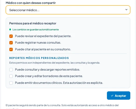 Vista real de SAMVITALS para seleccionar un médico y autorizar permisos al compartir un paciente
