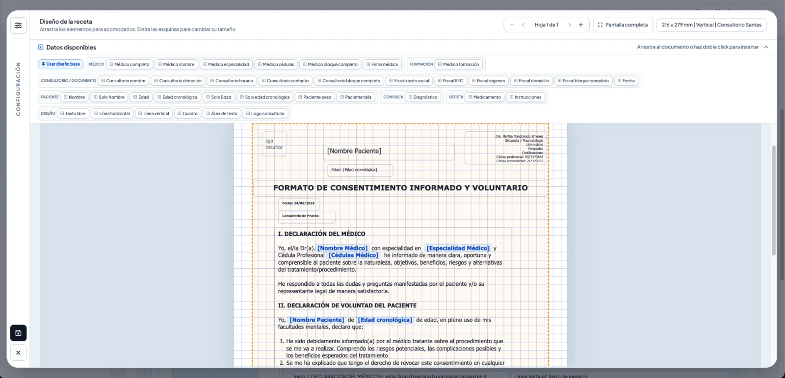 Editor visual de un documento clínico personalizado en SAMVITALS